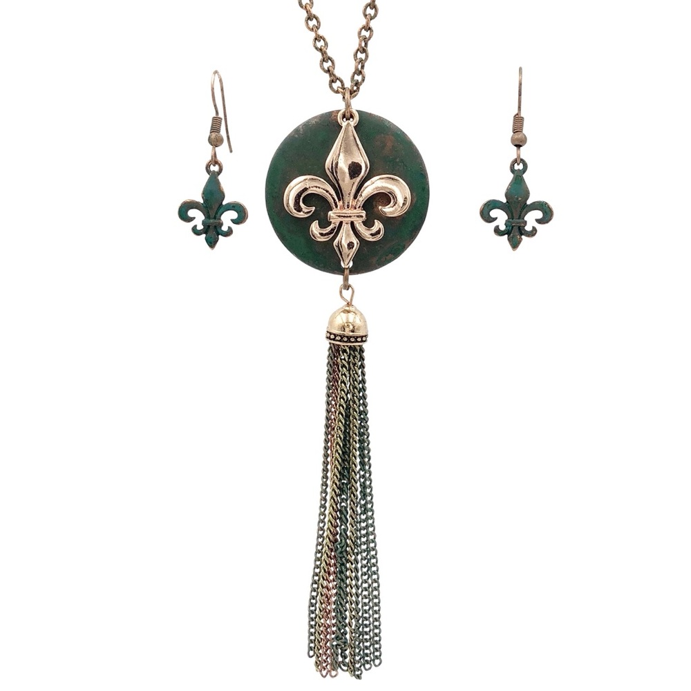 Green Patina & Copper Long Fleur De Lis Tassel Necklace & Earrings Set